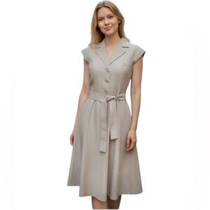 Calvin Klein Women’s Fit & Flare Notch Collar Midi Belted Light Grey Dress Sz 8